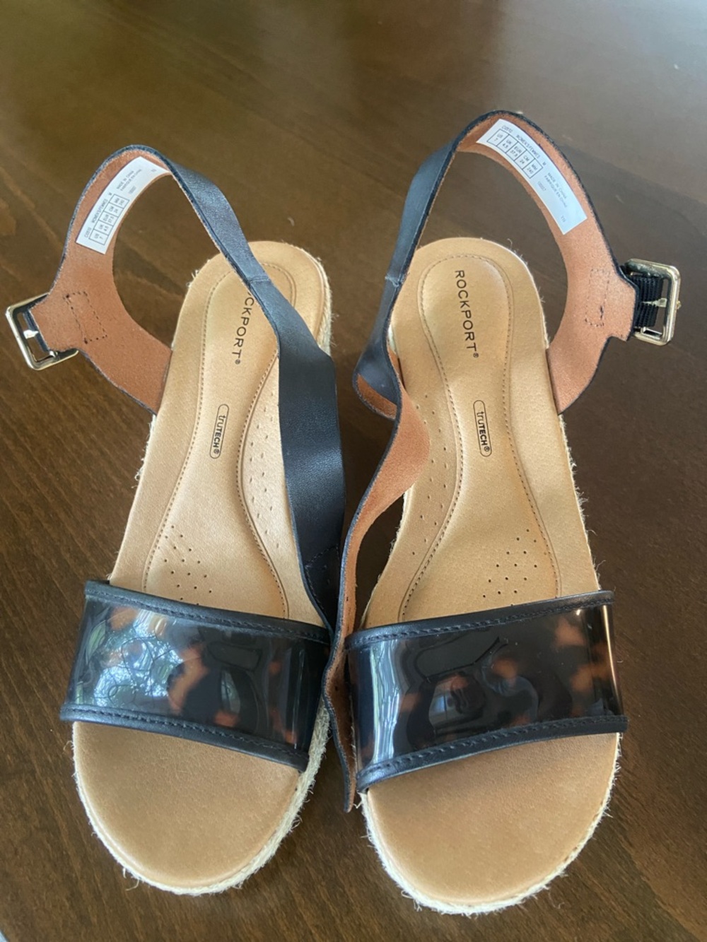 Sale! Rockport Lyla Espadrille Wedges, Black Leather/Tortoise Straps, size 7 - Picture 11 of 14